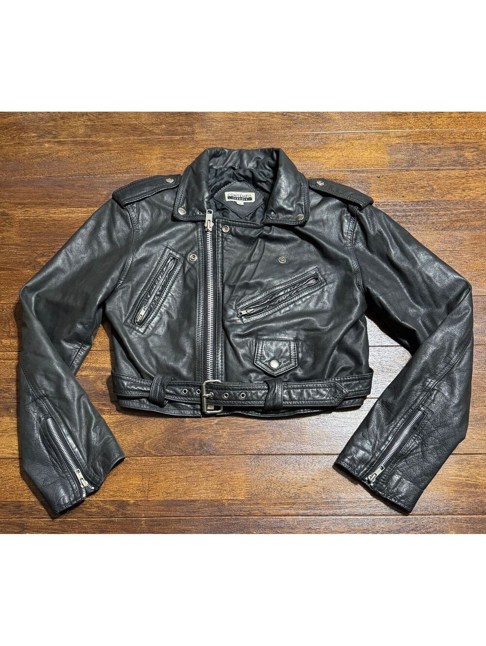 Contempo Casuals Women Black Leather Biker Jacket S Vintage Cropped Belted Moto
